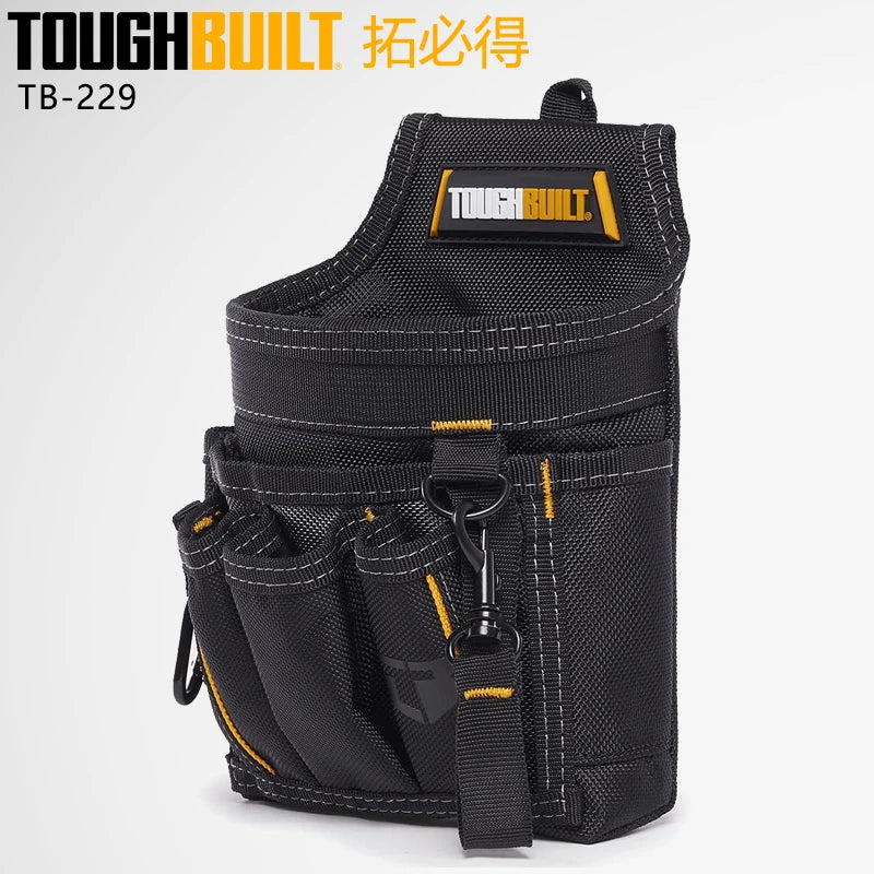 Black ToughBuilt tool pouch with belt clip and kickstand features a yellow logo patch.