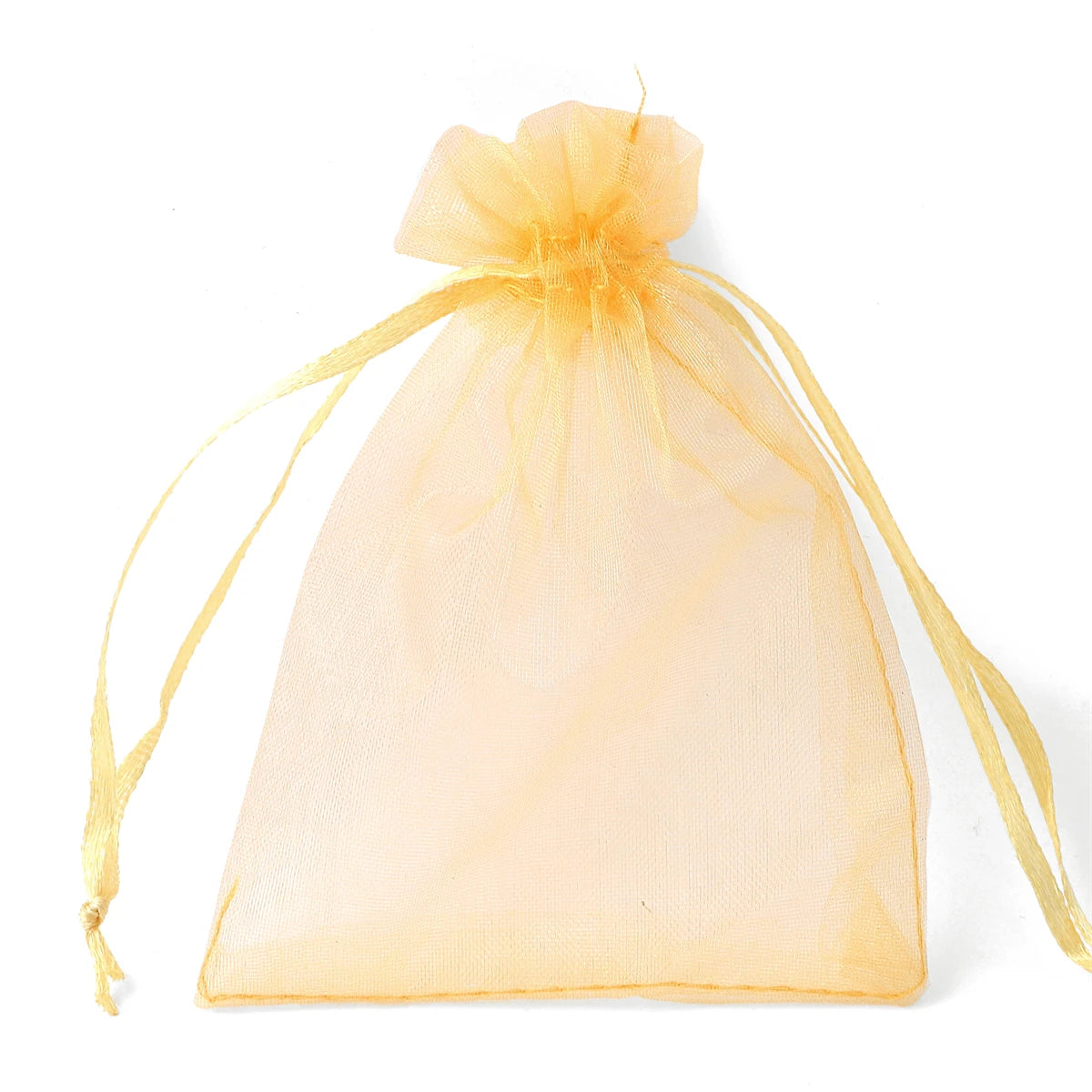 A clear yellow organza drawstring gift bag with thin gold string, used for storing small items.