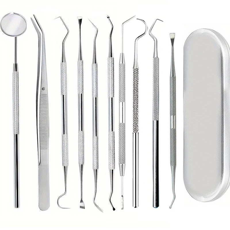A collection of premium stainless steel dental care tools for oral hygiene, including various probes and instruments.
