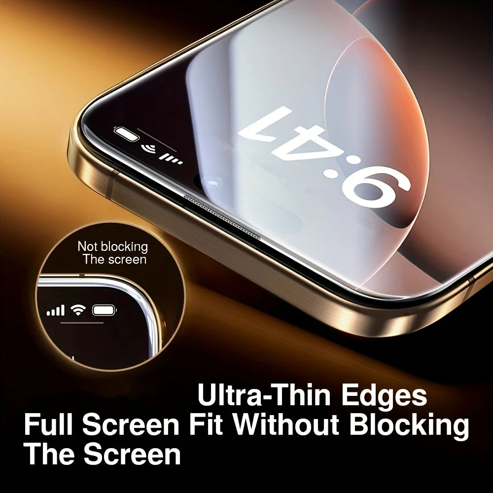 Close-up of an iPhone screen showing a watch face, highlighting ultra-thin edges that fit without blocking the display.