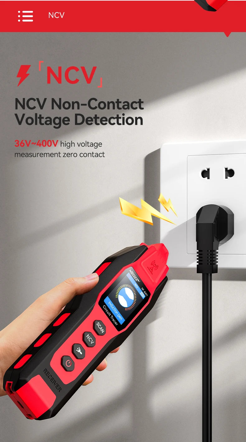 A hand holds a red and black voltage detection device against a white electrical outlet.