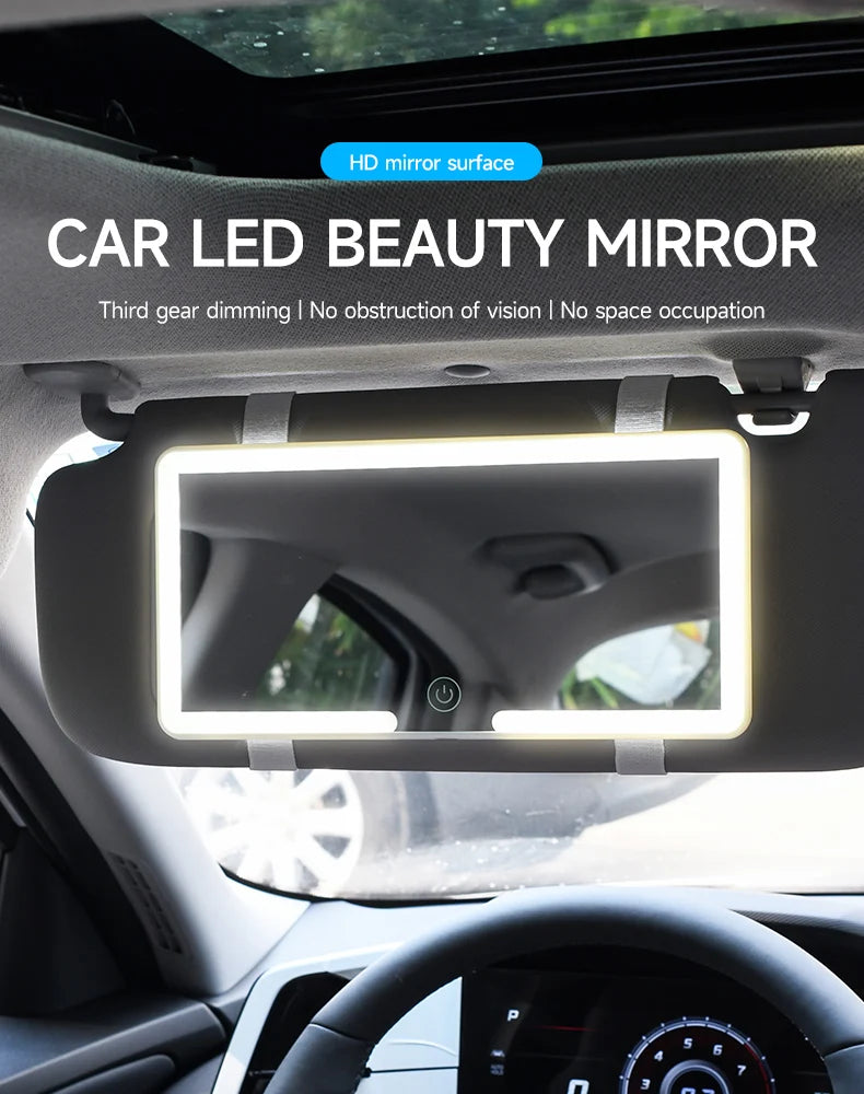 A car LED beauty mirror is shown mounted on a vehicle's interior panel.