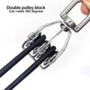 A close-up view of a heavy duty swivel double pulley block made of 304 stainless steel with black straps.