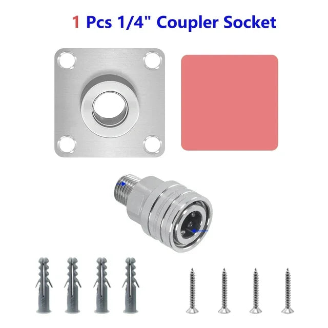 A set of 1/4 inch coupler sockets and various screws for a wall-mounted pressure washer accessory storage rack.