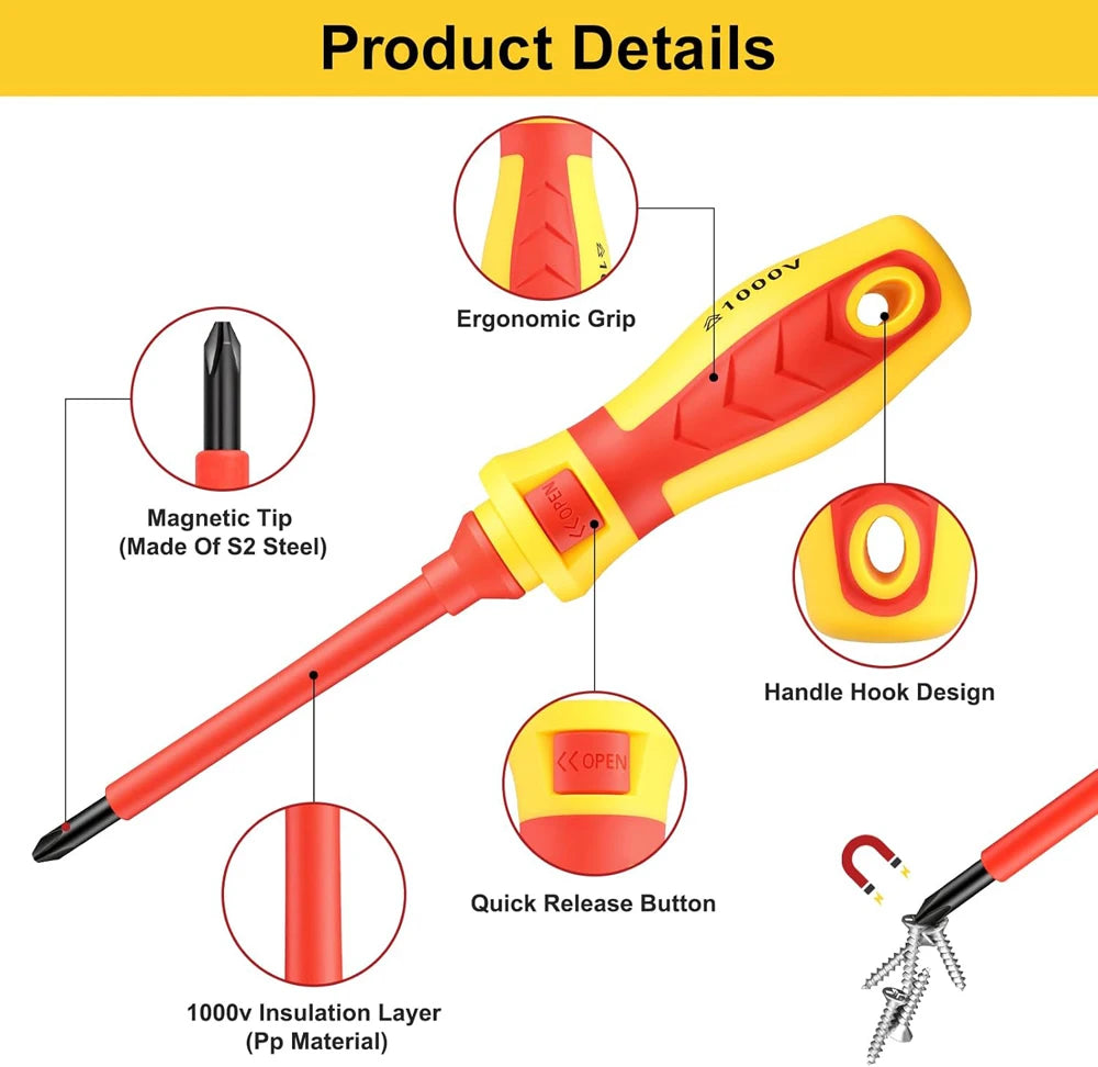Insulated 1000V Magnetic Screwdriver Set for Electricians