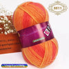 A ball of gradient orange and red wool blend yarn for knitting