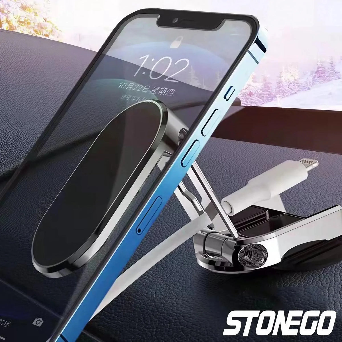 A magnetic phone mount is shown attached to an iPhone, demonstrating a 360-degree rotation feature.