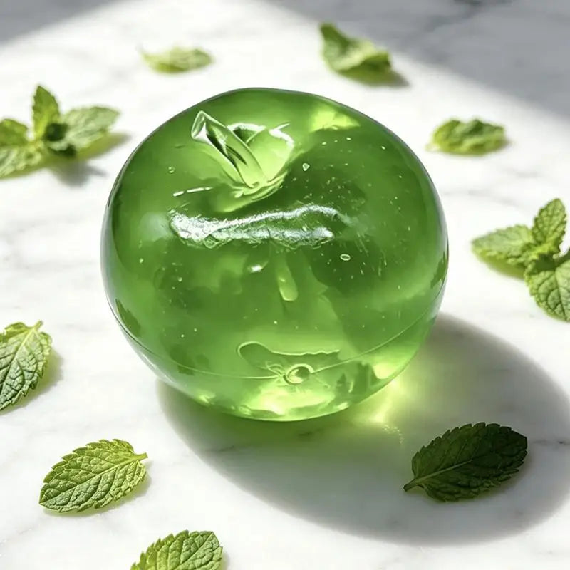 A smooth, translucent green fruit-shaped squeeze toy rests on a white marble surface with fresh mint leaves.