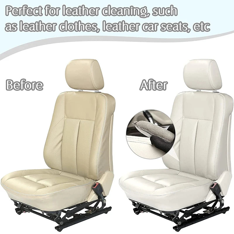 Before and after comparison of a leather car seat cleaning sponge set used for cleaning leather clothing and car seats.