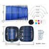 A set of interchangeable circular knitting needles in blue, showing various sizes and a storage case.