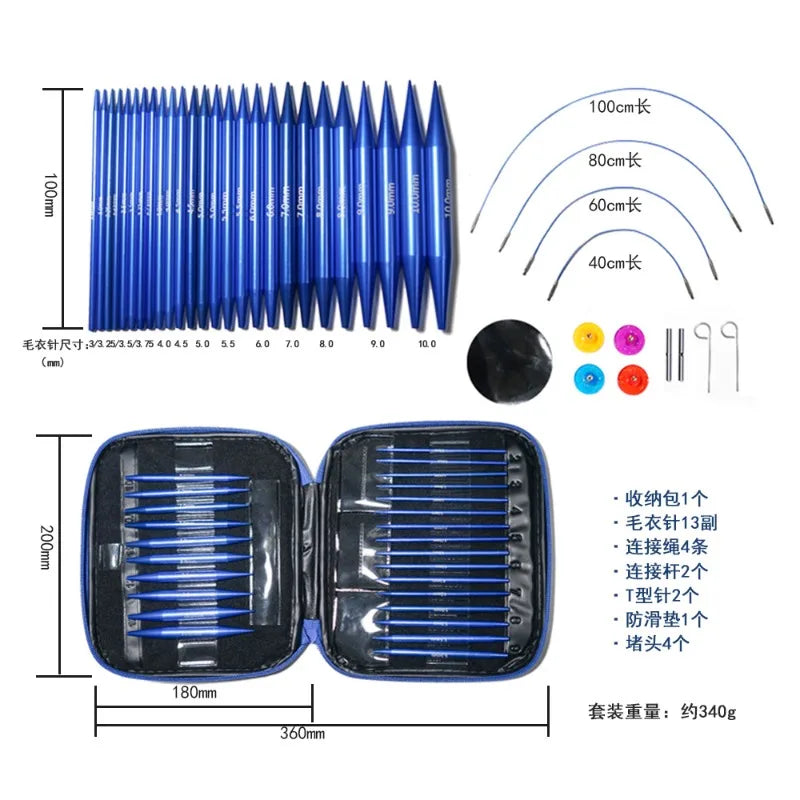 A set of interchangeable circular knitting needles in blue, showing various sizes and a storage case.