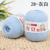 A ball of light blue yarn labeled 28-silver, ready for knitting or crochet.
