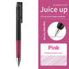 Schwarze und rosa Pilot Juice Up Gel-Stifte neben Text, der 22 bunte Tintenoptionen beschreibt.