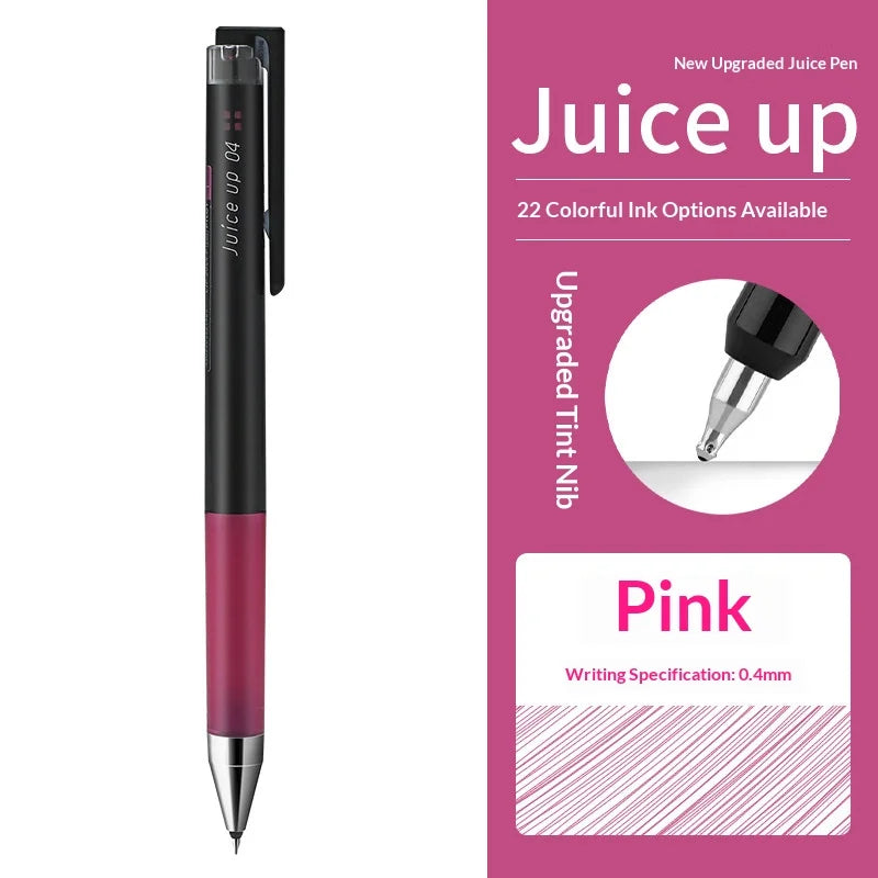Schwarze und rosa Pilot Juice Up Gel-Stifte neben Text, der 22 bunte Tintenoptionen beschreibt.