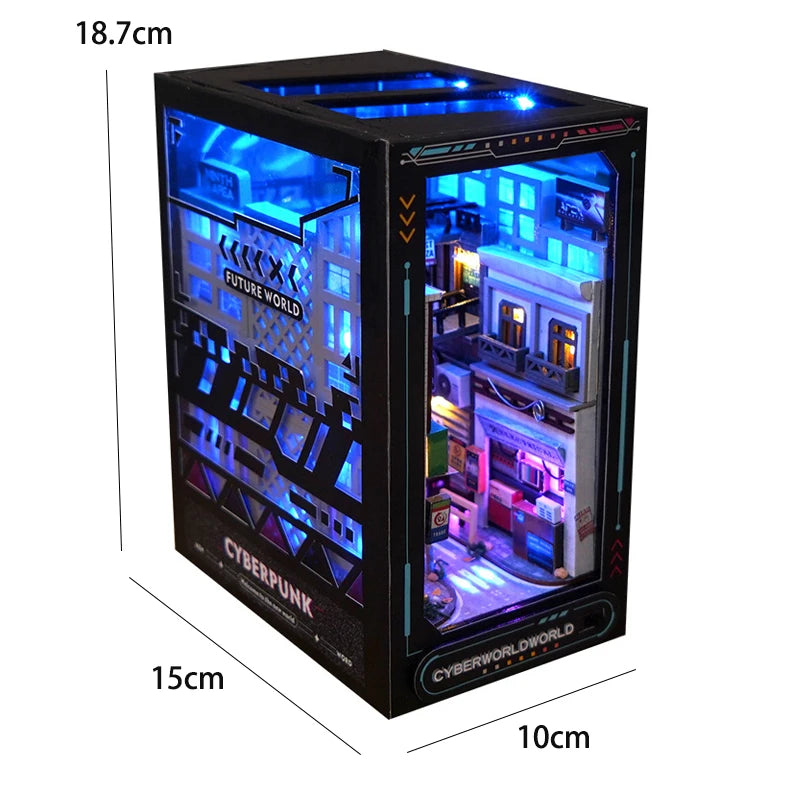 A black miniature book nook kit depicting a cyberpunk city scene with glowing blue lights and detailed architecture.