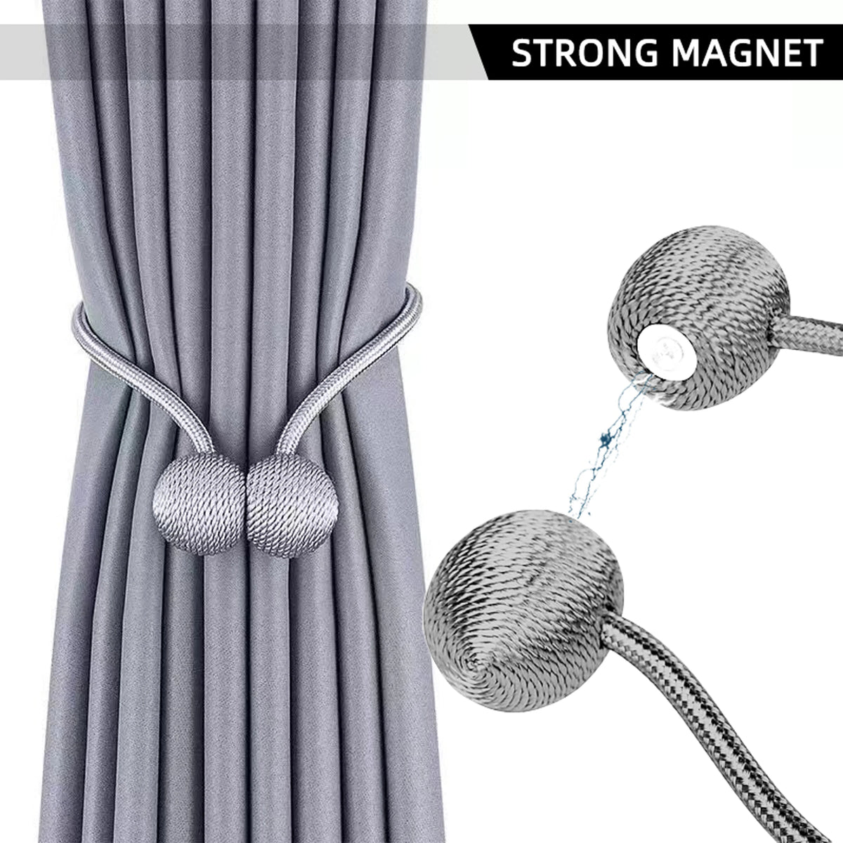 Gros plan d'un rideau de tissu gris avec des tirettes à boules magnétiques et un cordon amovible.