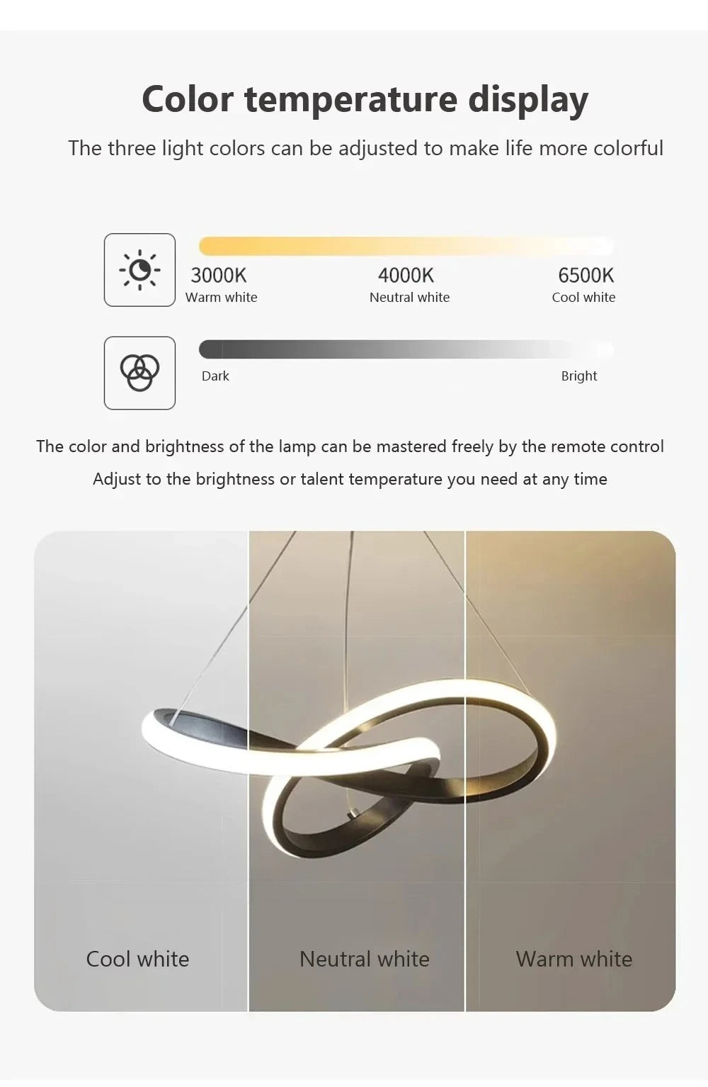 A modern LED pendant light fixture displaying three color temperatures: cool white, neutral white, and warm white.