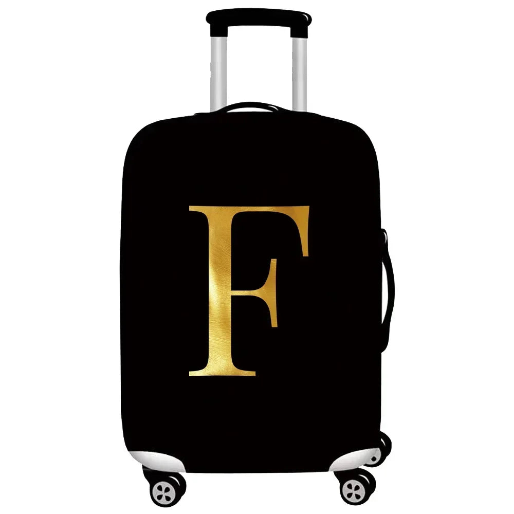 Black rolling suitcase with a gold letter F print on the side.