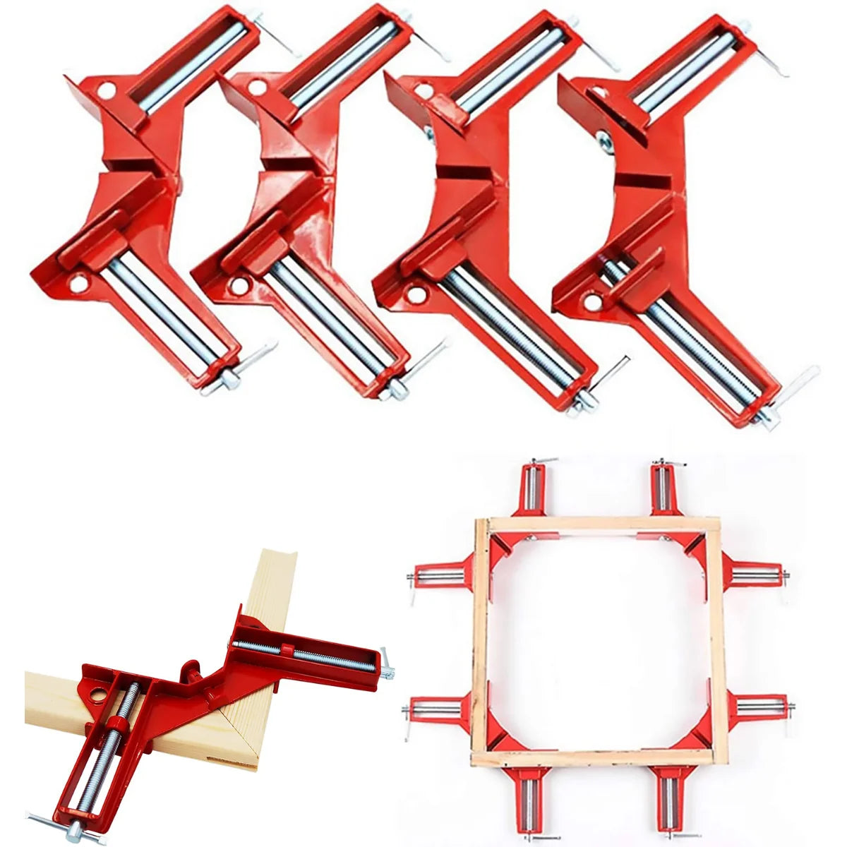 A set of red 90 degree right angle clamps used for DIY projects.