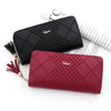 A deep red quilted PU leather wristlet clutch wallet with a black phone pocket and gold chain detail.