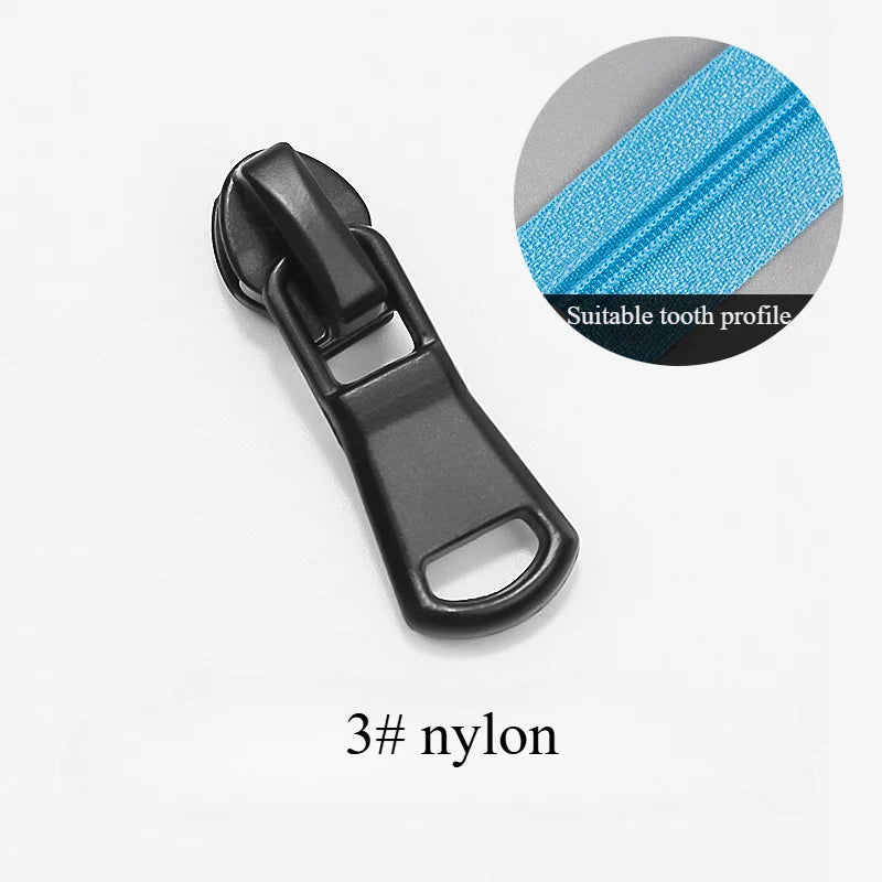 A black nylon zipper slider with a blue tooth profile shown next to the product title.