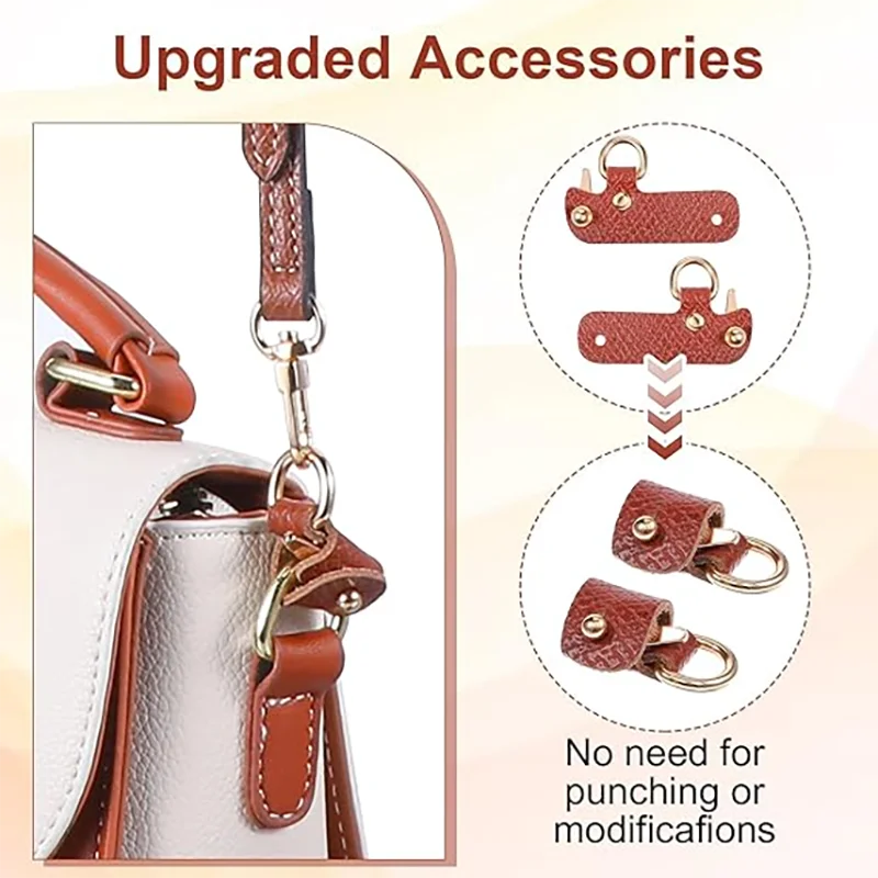 Leather mini bag strap set with alloy buckles showing various attachment options for bags