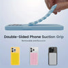 A hand is shown applying a double-sided phone suction grip to a smartphone, demonstrating the removable and reusable feature.