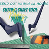 A black 360° rotating precision craft knife with replacement blades is shown next to a ruler on a green cutting mat.