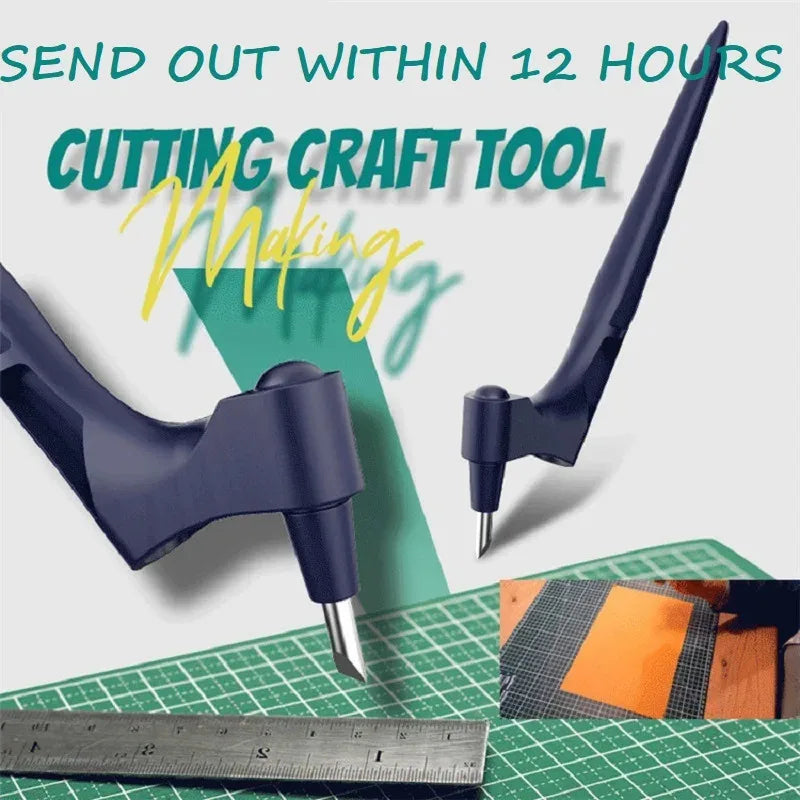A black 360° rotating precision craft knife with replacement blades is shown next to a ruler on a green cutting mat.