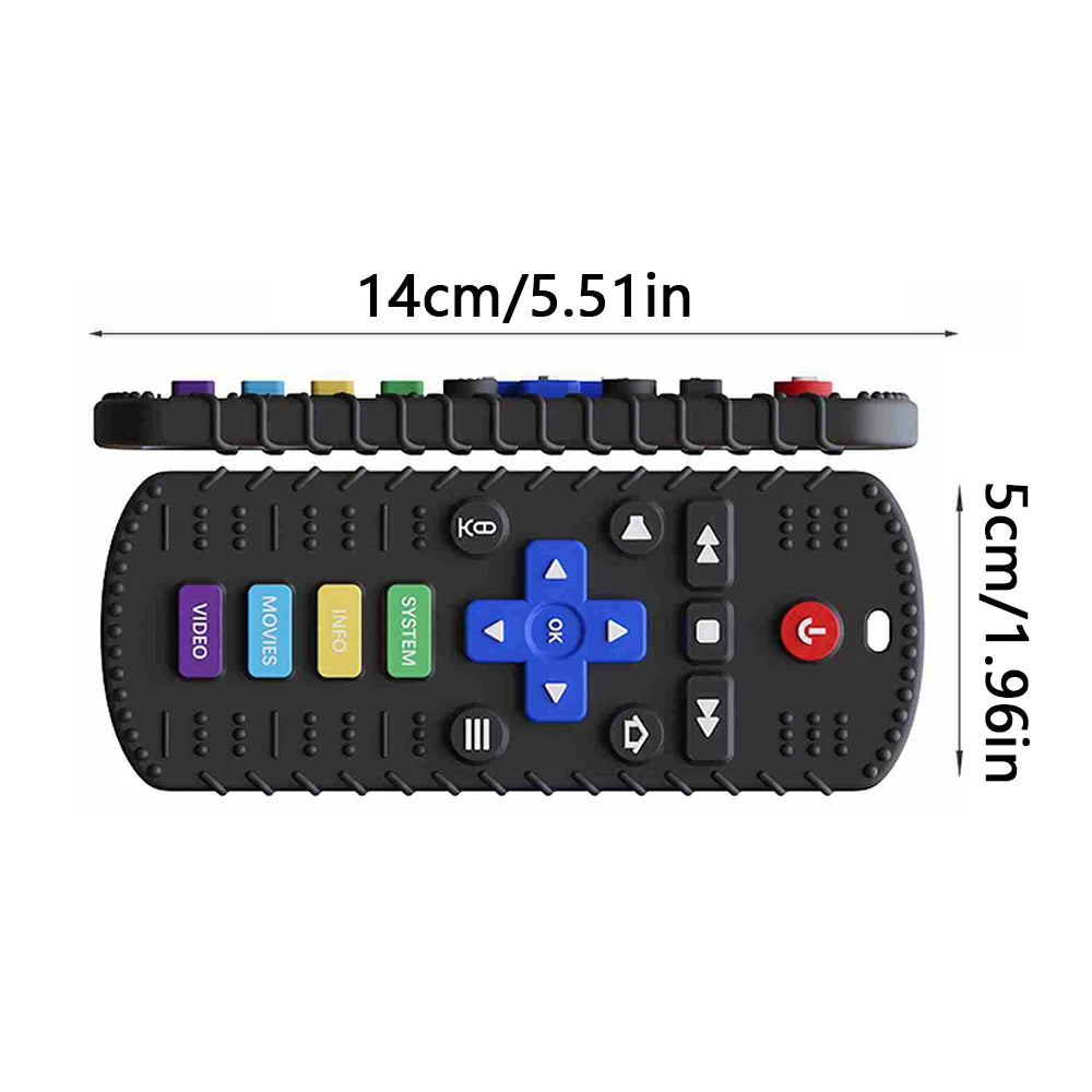 Black silicone remote control teether with various buttons and a silicone nipple