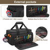 A black heavy duty tool bag with external pockets, including multiple slots for short tools and a mesh zip pocket.