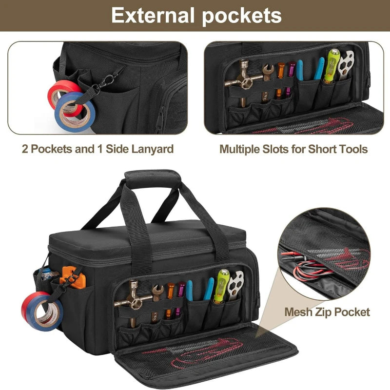 A black heavy duty tool bag with external pockets, including multiple slots for short tools and a mesh zip pocket.