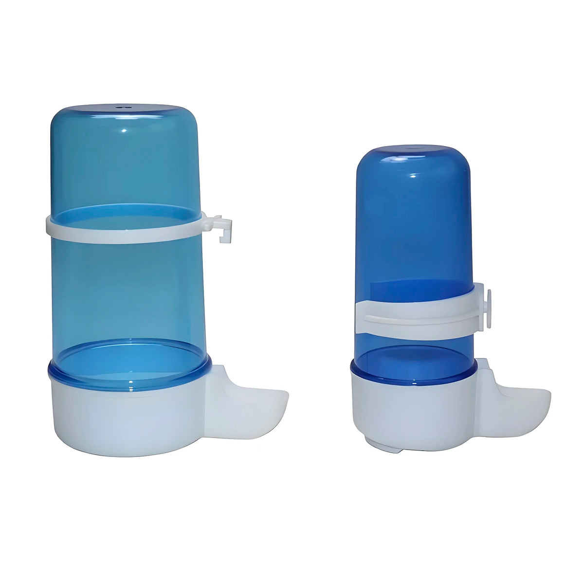 A blue hanging bird feeder and water dispenser with white components.