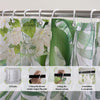 A set of 12 hooks and a shower curtain are shown for bathroom decor installation.