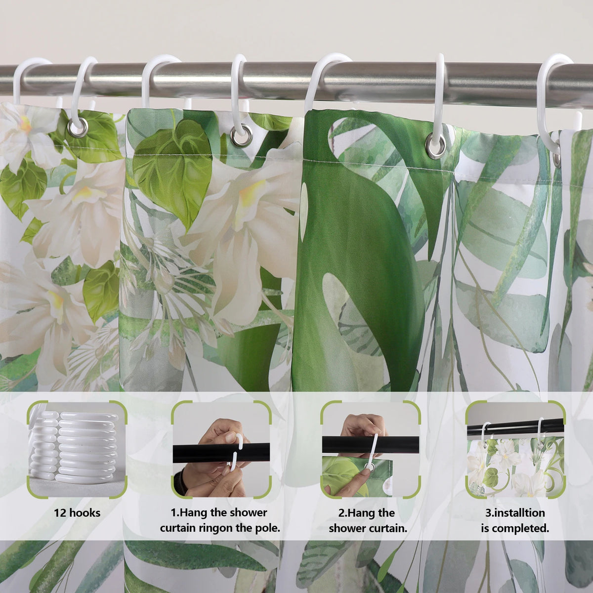 A set of 12 hooks and a shower curtain are shown for bathroom decor installation.