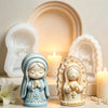 A silicone mold of a praying girl in blue and white, used for crafting and candle decor.