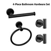 A set of matte black bathroom hardware including a bar, ring, and hooks.