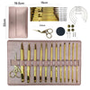 A pink aluminum crochet hook set with interchangeable cords and various sizes displayed on a leather-like case.