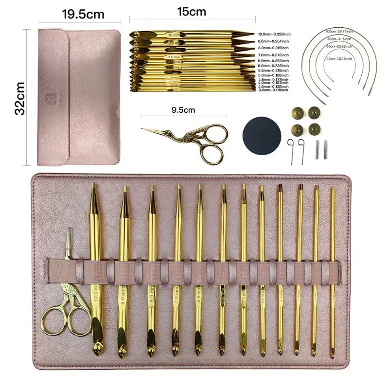 A pink aluminum crochet hook set with interchangeable cords and various sizes displayed on a leather-like case.