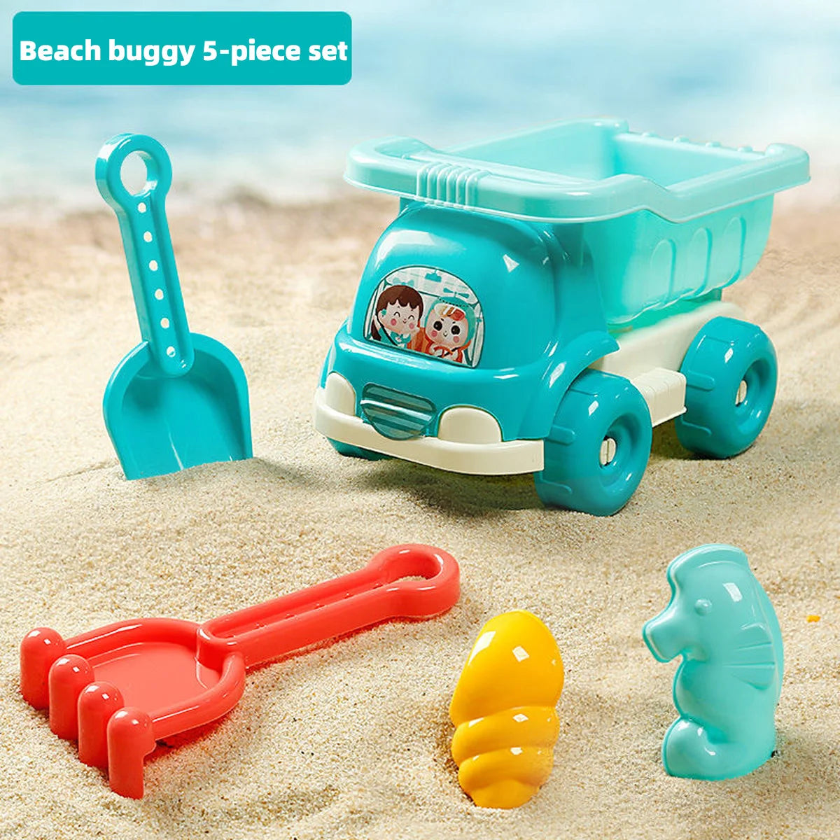 A set of five blue beach buggy pieces including a shovel, scoop, and yellow and blue sand toys on a sandy background.