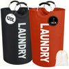 A pair of black and orange fabric laundry hampers with hanging rods and detachable bags.