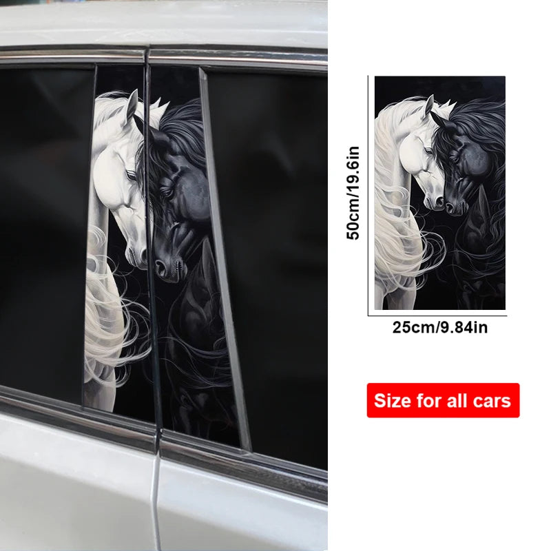 A set of two black and white running horse decals applied to a car's B-pillar.