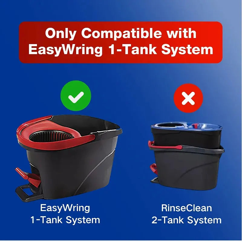Comparison of EasyWring 1-Tank System and RinseClean 2-Tank System mop buckets.