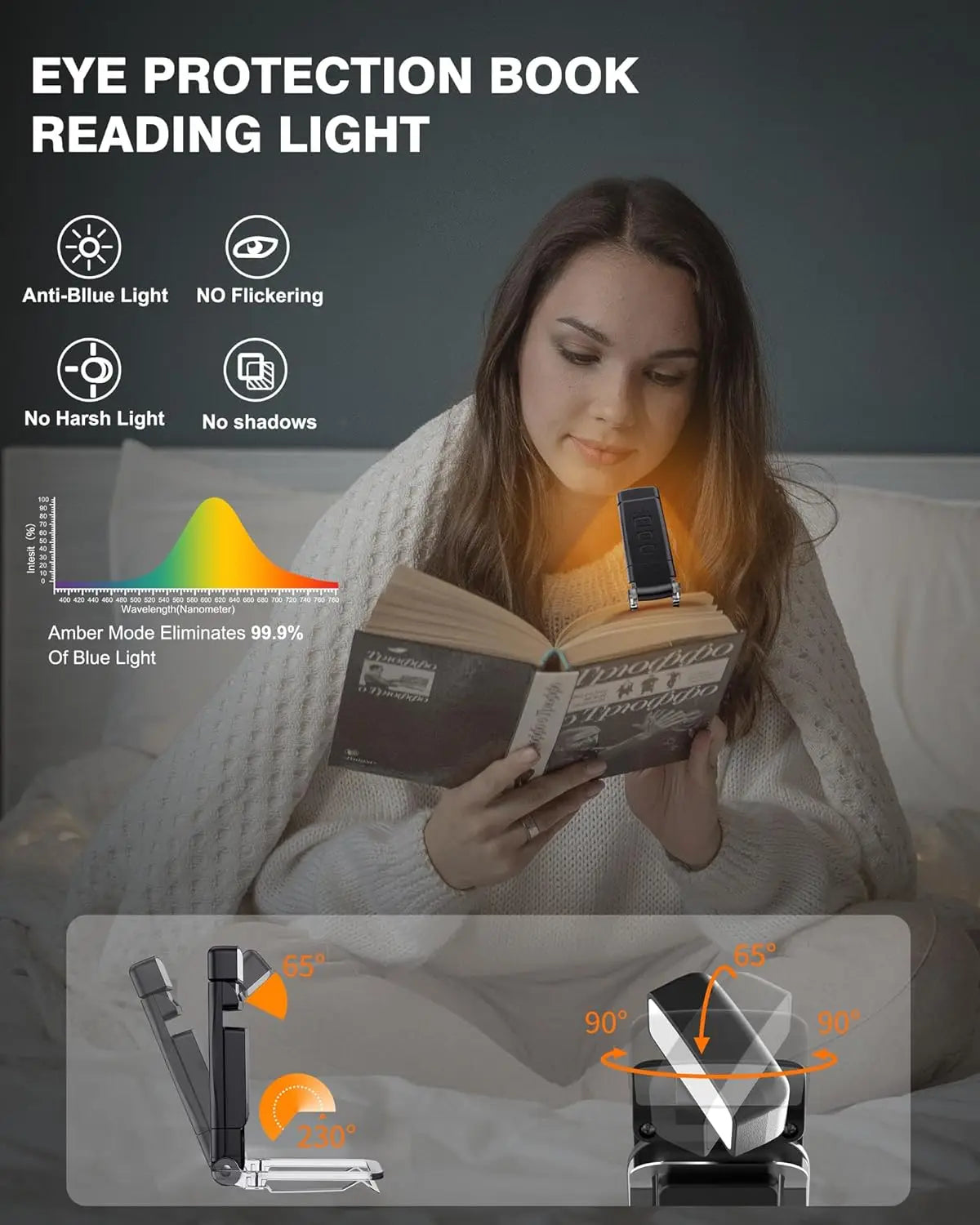 A woman reads a book using an eye protection book reading light with adjustable angles.