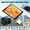 A dual connector SD card reader device shown next to an iPhone and iPad for fast photo and video transfer.