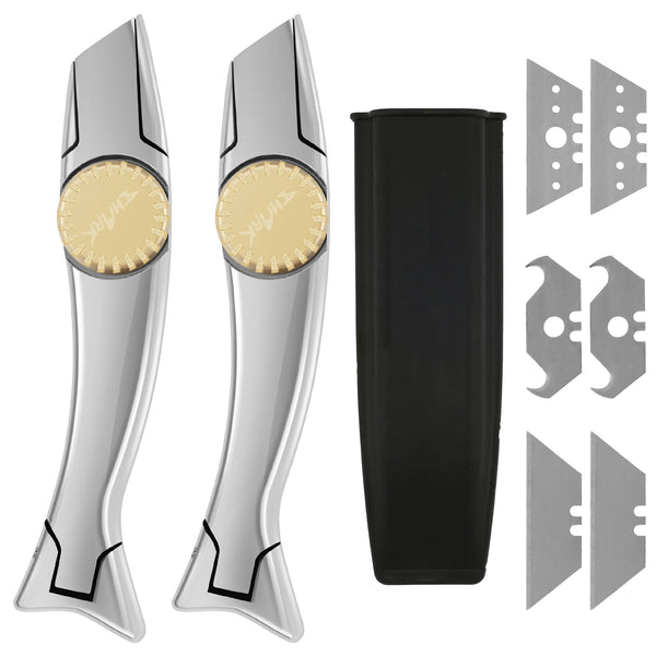 A heavy-duty carpet and roofing knife with a silver blade and brass knob, shown alongside various blade components.