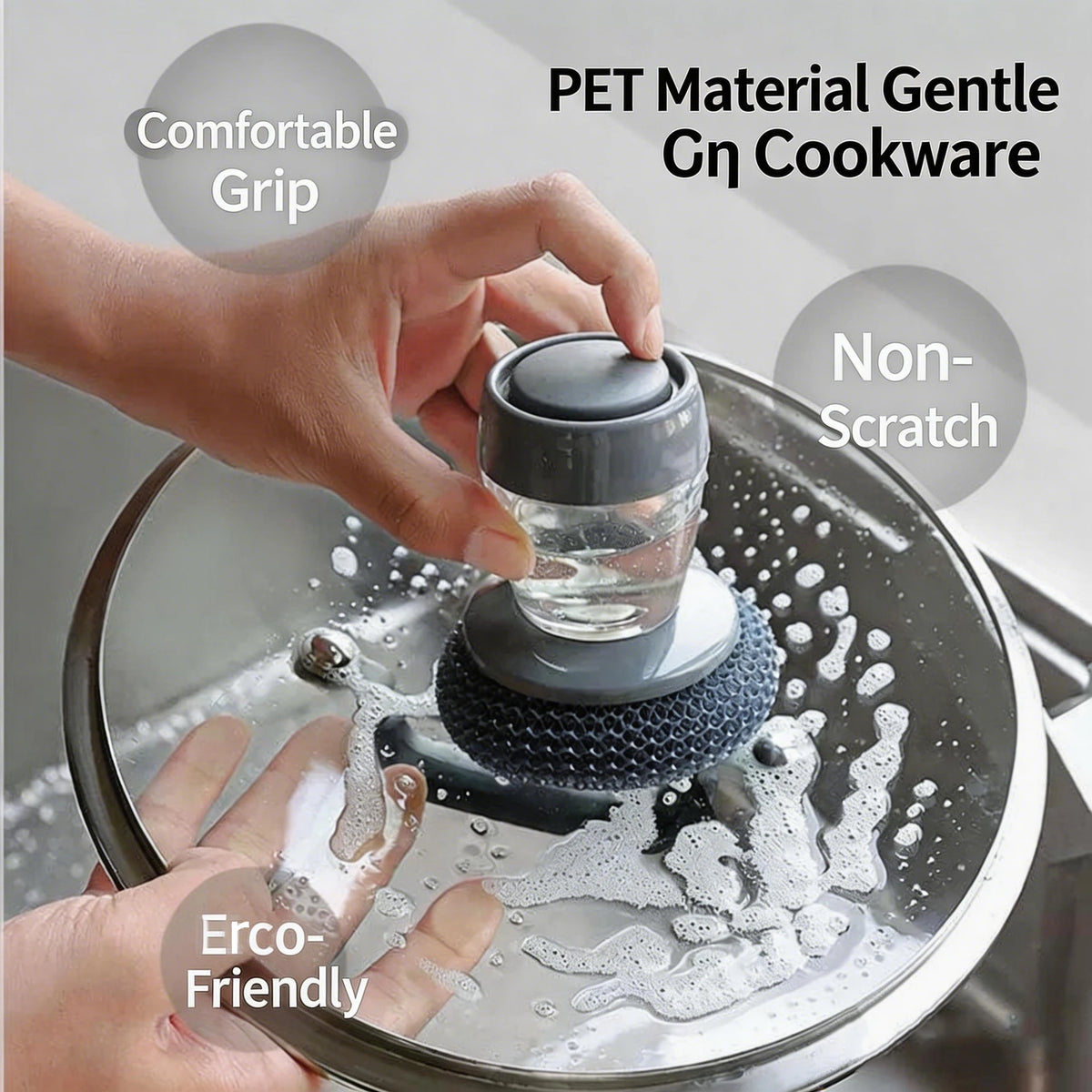 A hand is using a dark silicone press dish brush with a built-in soap dispenser to clean cookware.