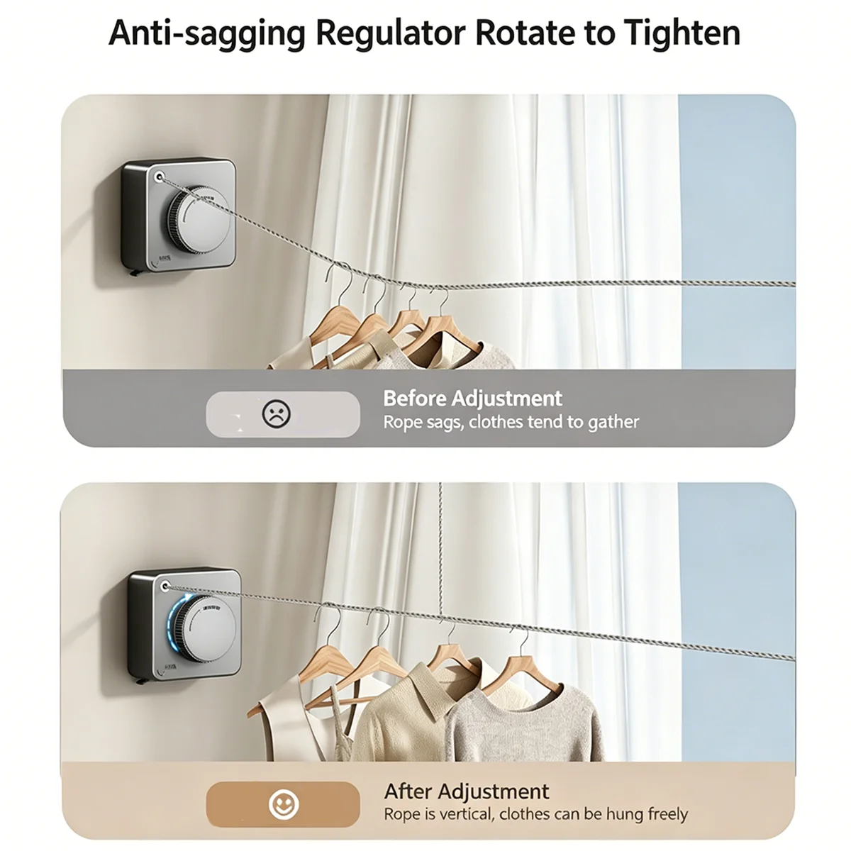 A device that regulates a clothesline, showing before and after adjustment of rope to prevent clothes from gathering.