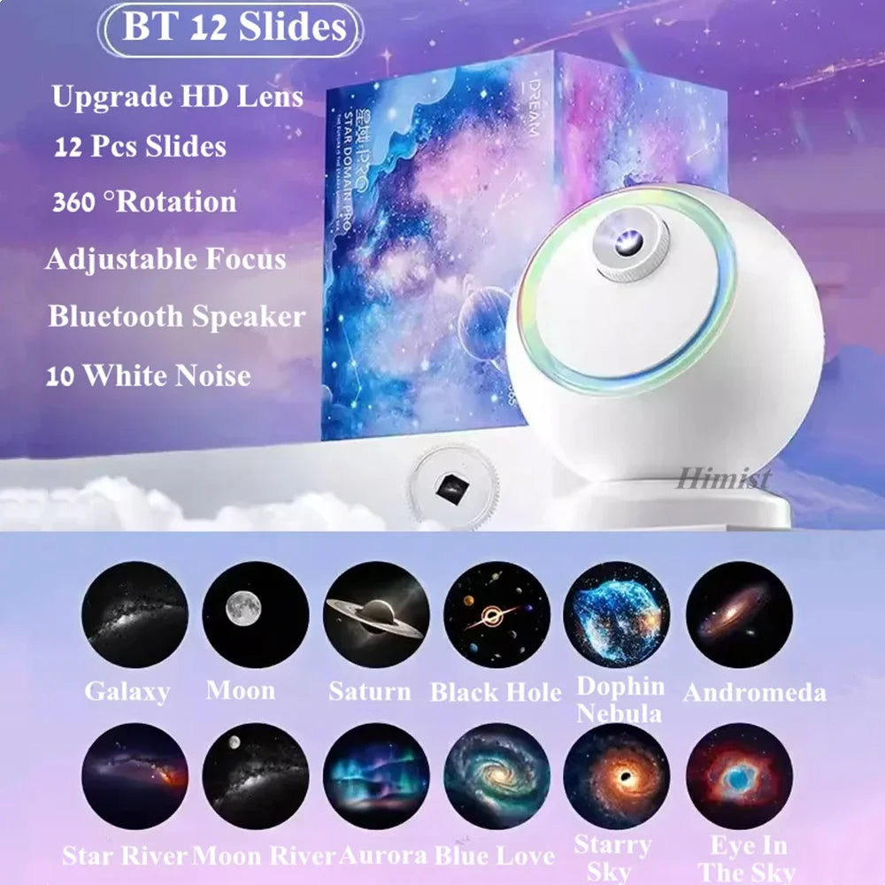 A white projector night light and Bluetooth speaker with 12 slides showing various celestial bodies like the Moon, Saturn, an