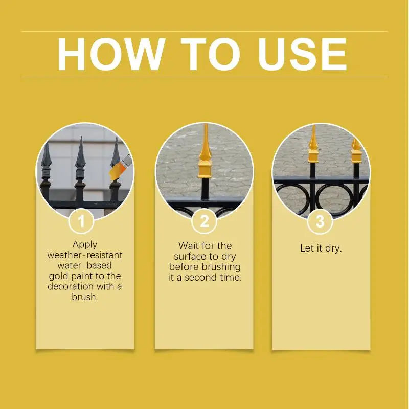 Three steps guide on how to use weather-resistant metallic gold paint for decoration.